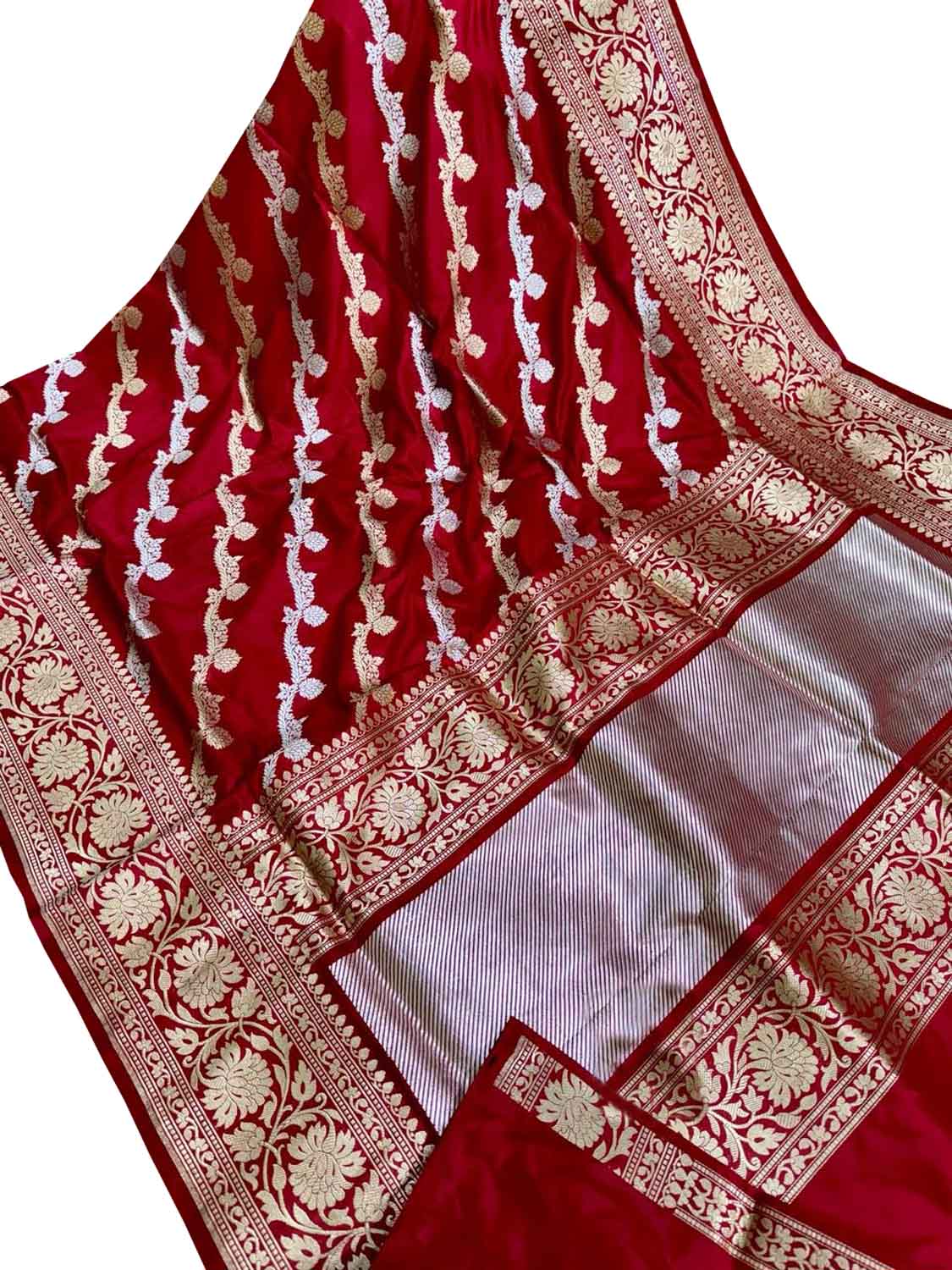 Luxurious Red Banarasi Silk Saree with Diagonal Design - Luxurion World