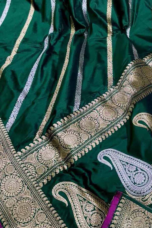 Green Banarasi Handloom Pure Katan Silk Saree - Luxurion World