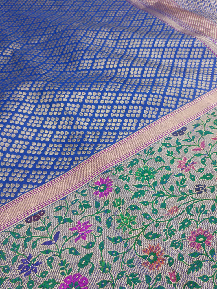 Blue Handloom Banarasi Pure Katan Silk Meenakari Big Border Saree