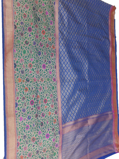 Blue Handloom Banarasi Pure Katan Silk Meenakari Big Border Saree