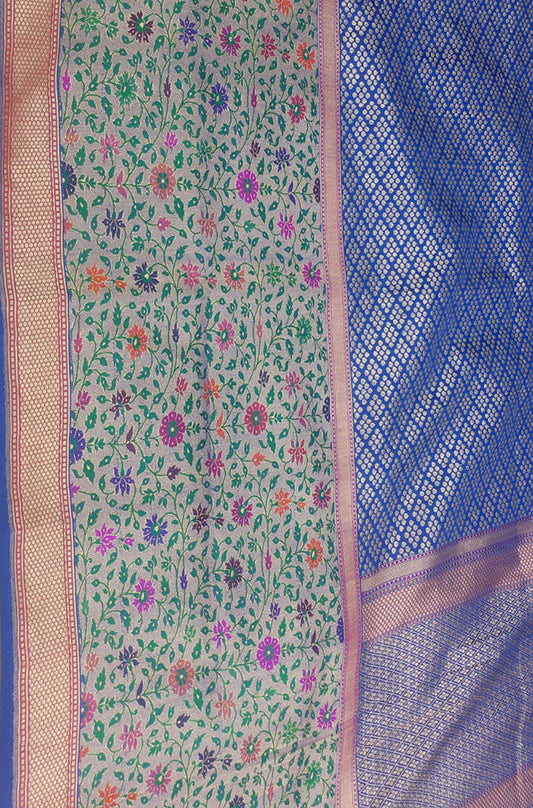 Blue Handloom Banarasi Pure Katan Silk Meenakari Big Border Saree - Luxurion World