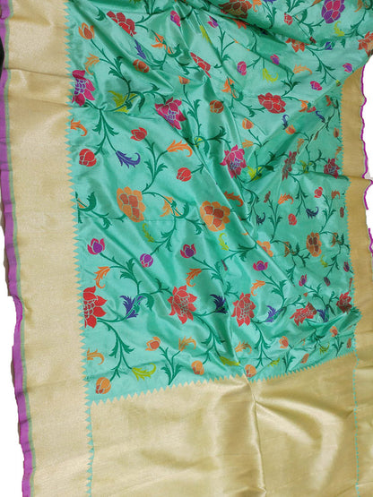 Blue Handloom Banarasi Pure Katan Silk Floral Design Saree - Luxurion World