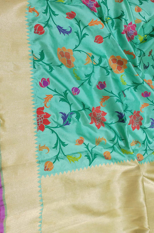 Blue Handloom Banarasi Pure Katan Silk Floral Design Saree - Luxurion World