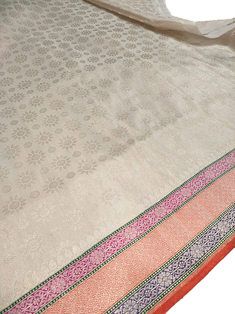 Off White Handloom Banarasi Pure Katan Tissue Silk Saree - Luxurion World