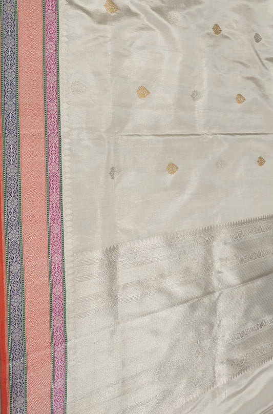 Off White Handloom Banarasi Pure Katan Tissue Silk Saree - Luxurion World