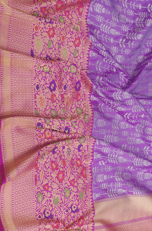 Purple Handloom Banarasi Pure Katan Silk Meenakari Big Border Saree - Luxurion World