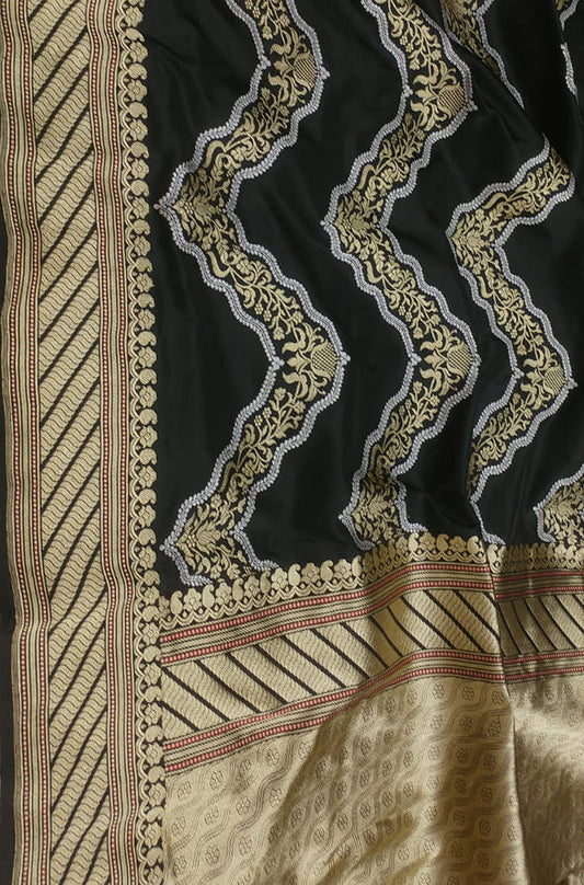 Black Handloom Banarasi Pure Katan Silk Sona Roopa Zig Zag Design Saree - Luxurion World