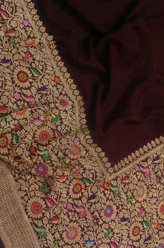 Maroon Handloom Banarasi Pure Georgette Meenakari Saree - Luxurion World