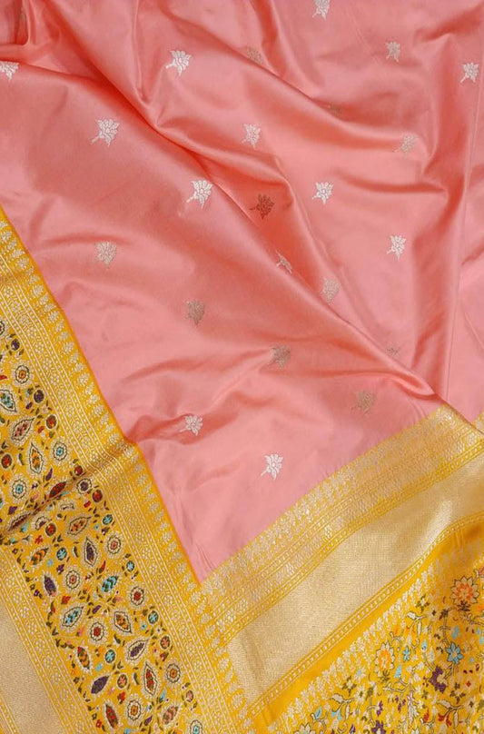 Pink Handloom Banarasi Pure Katan Silk Meenakari Saree - Luxurion World
