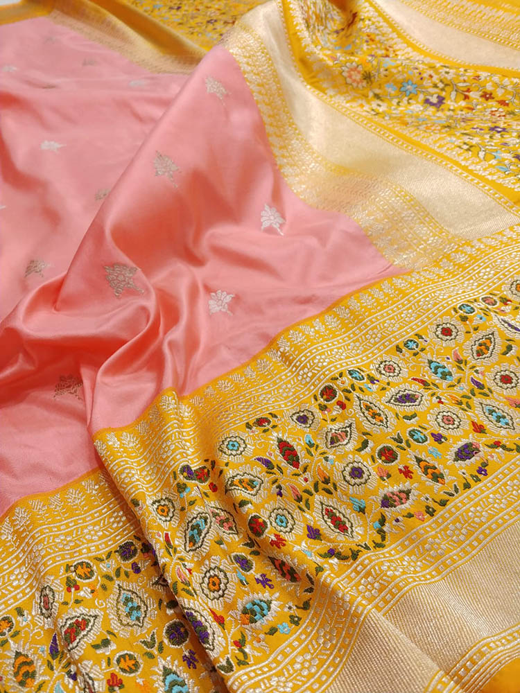 Pink Handloom Banarasi Pure Katan Silk Meenakari Saree - Luxurion World