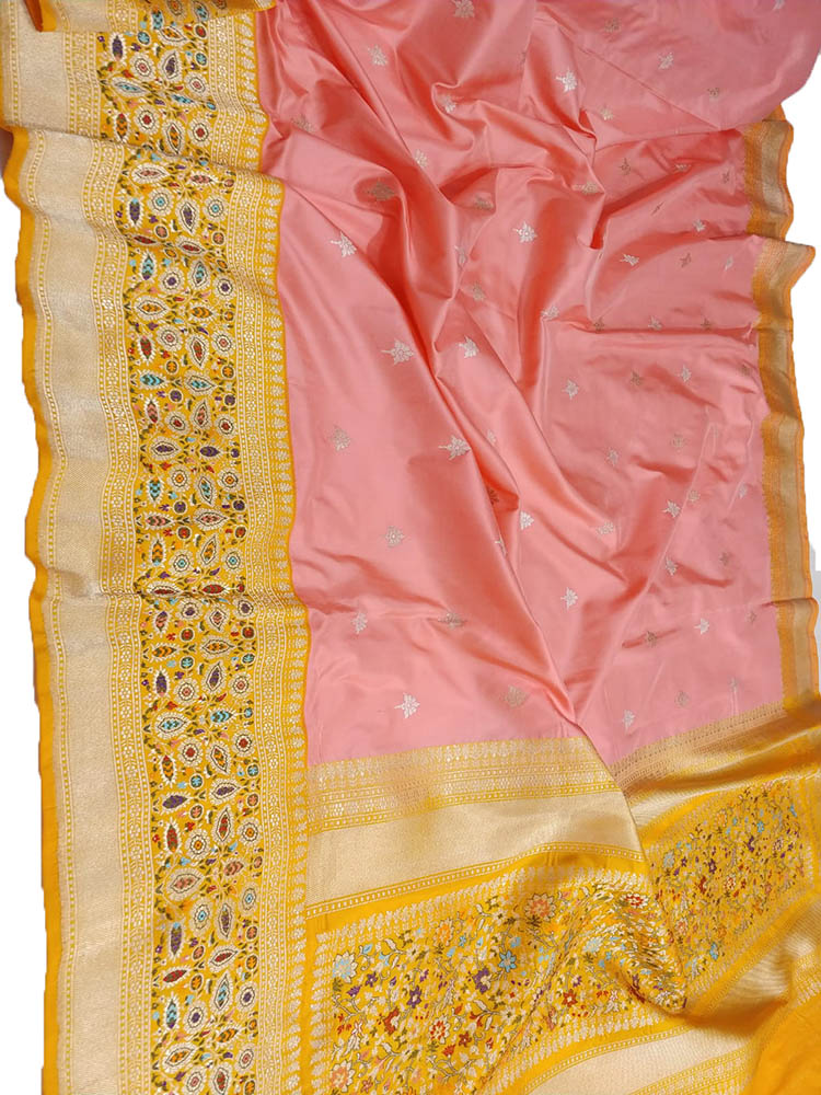 Pink Handloom Banarasi Pure Katan Silk Meenakari Saree - Luxurion World