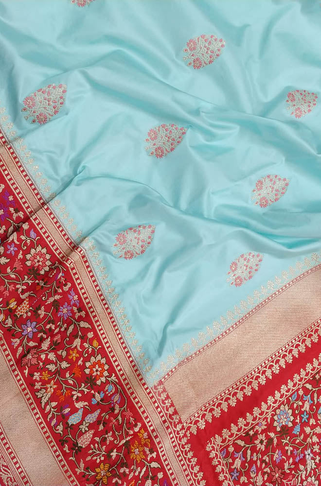 Blue Handloom Banarasi Pure Katan Silk Meenakari Saree - Luxurion World