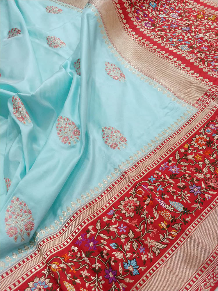 Blue Handloom Banarasi Pure Katan Silk Meenakari Saree - Luxurion World