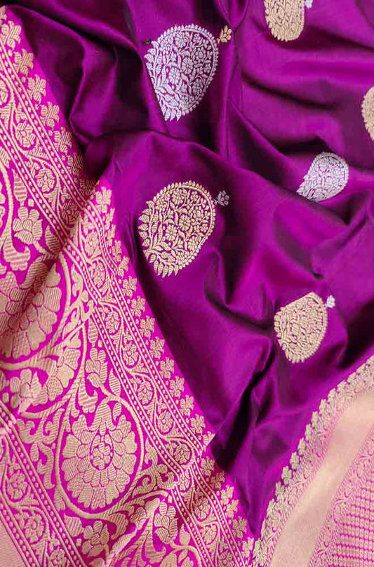 Purple Handloom Banarasi Pure Katan Silk Sona Roopa Big Booti Design Saree - Luxurion World