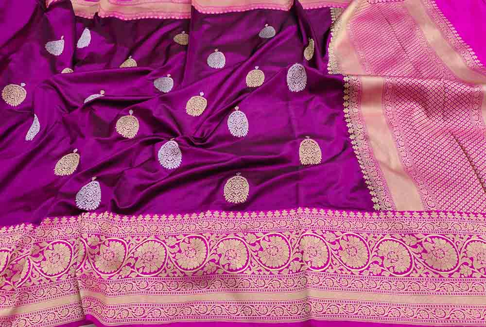 Purple Handloom Banarasi Pure Katan Silk Sona Roopa Big Booti Design Saree - Luxurion World