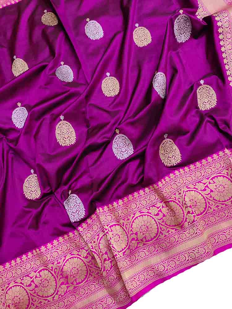 Purple Handloom Banarasi Pure Katan Silk Sona Roopa Big Booti Design Saree - Luxurion World