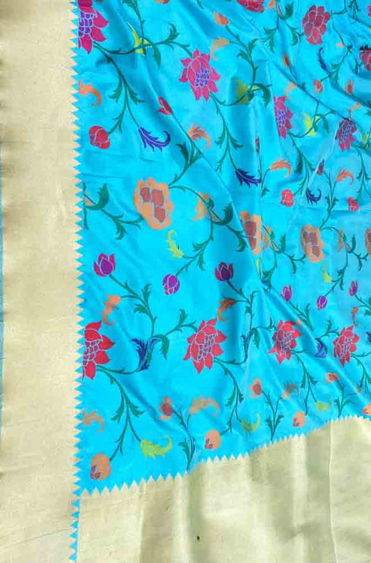 Blue Handloom Banarasi Pure Katan Silk Flower Design Meenakari Saree - Luxurion World