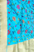 Blue Handloom Banarasi Pure Katan Silk Flower Design Meenakari Saree - Luxurion World
