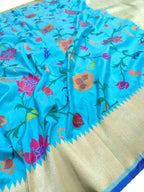 Blue Handloom Banarasi Pure Katan Silk Flower Design Meenakari Saree - Luxurion World