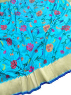 Blue Handloom Banarasi Pure Katan Silk Flower Design Meenakari Saree - Luxurion World