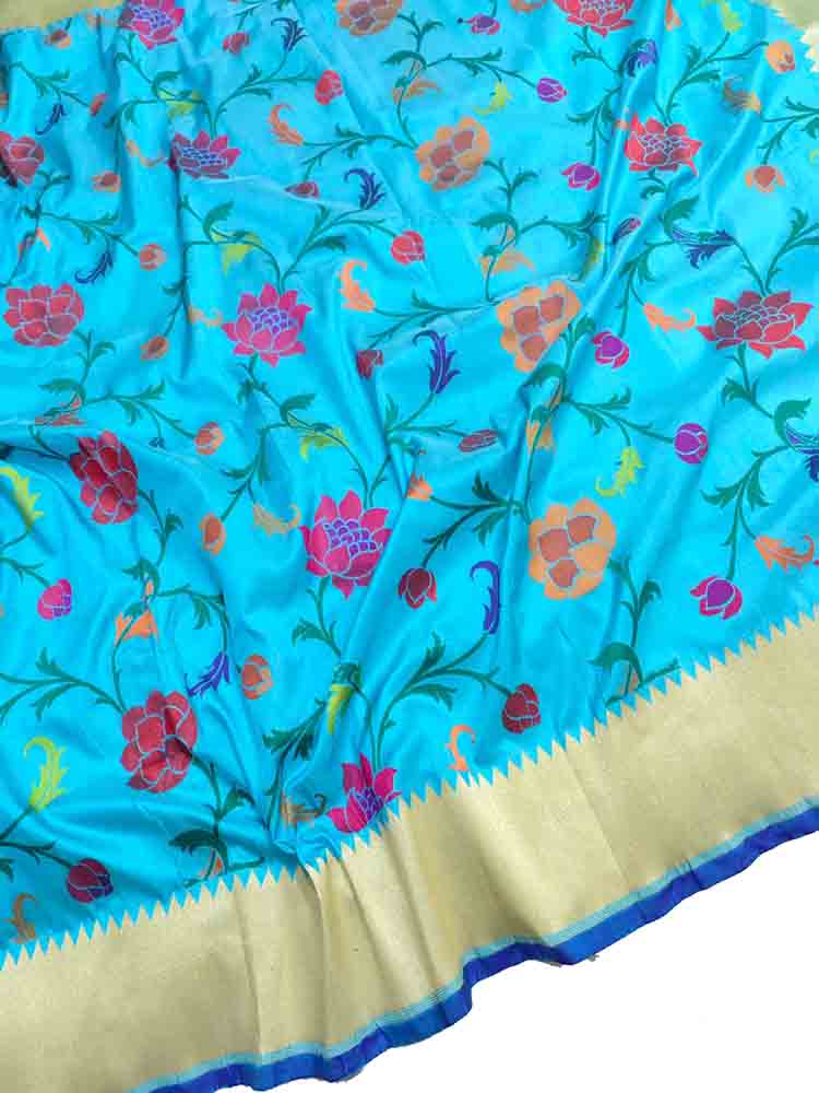 Blue Handloom Banarasi Pure Katan Silk Flower Design Meenakari Saree - Luxurion World