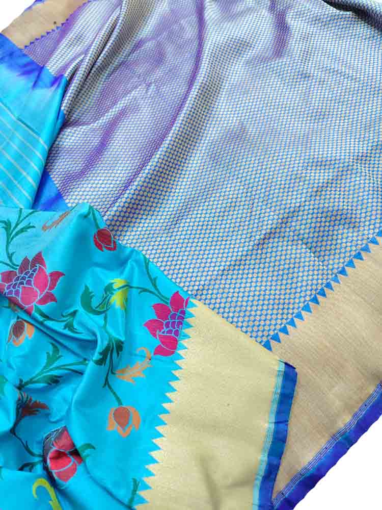 Blue Handloom Banarasi Pure Katan Silk Flower Design Meenakari Saree - Luxurion World