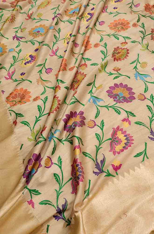 Pastel Handloom Banarasi Pure Tussar Silk Flower Design Meenakari Saree - Luxurion World