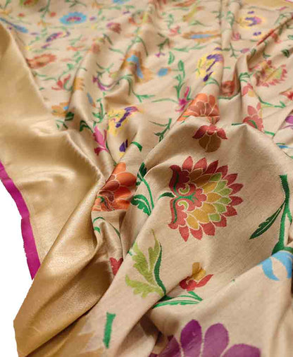 Pastel Handloom Banarasi Pure Tussar Silk Flower Design Meenakari Saree - Luxurion World