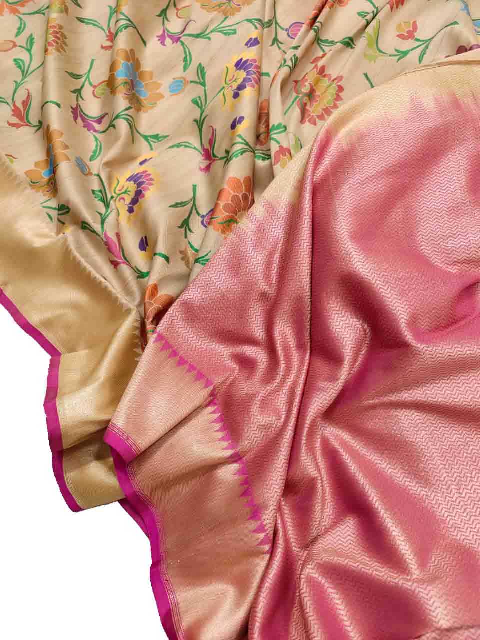 Pastel Handloom Banarasi Pure Tussar Silk Flower Design Meenakari Saree - Luxurion World