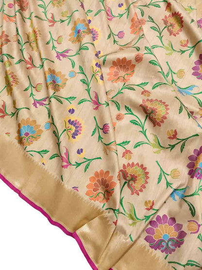 Pastel Handloom Banarasi Pure Tussar Silk Flower Design Meenakari Saree - Luxurion World