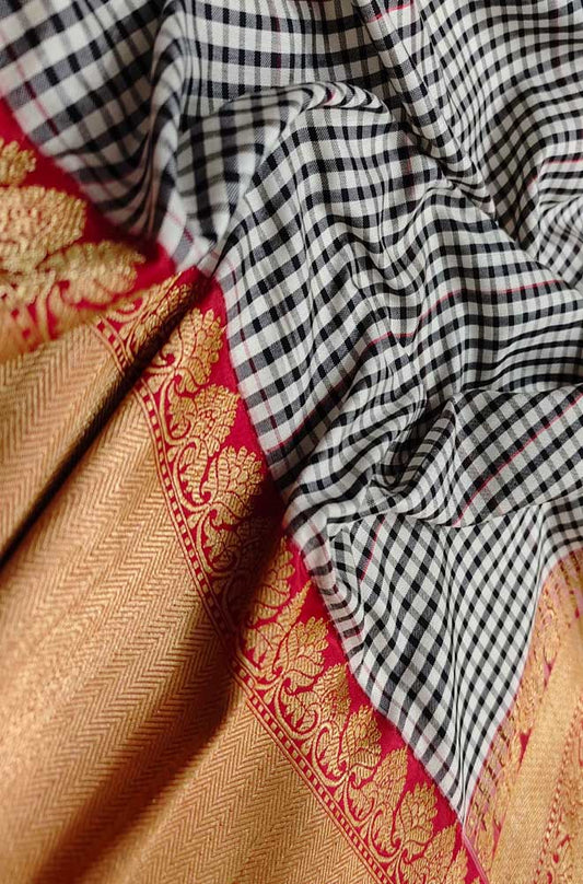 Stunning Black & White Handloom Banarasi Katan Silk Saree with Checks Design - Luxurion World
