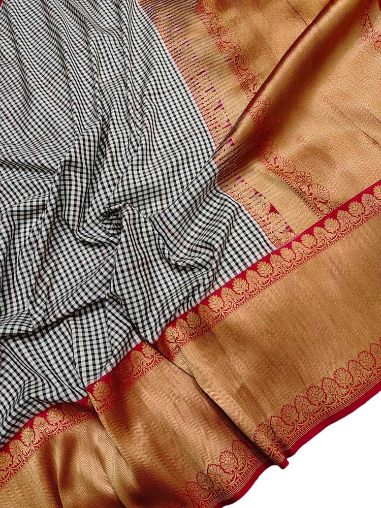 Stunning Black & White Handloom Banarasi Katan Silk Saree with Checks Design - Luxurion World