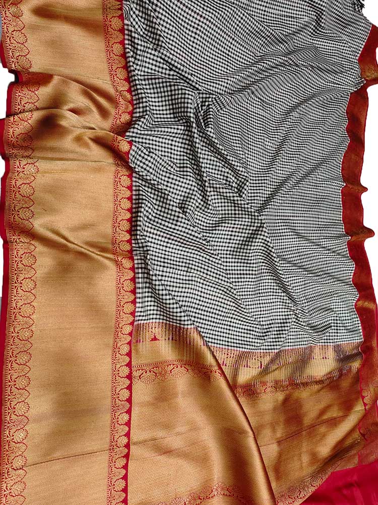 Stunning Black & White Handloom Banarasi Katan Silk Saree with Checks Design - Luxurion World