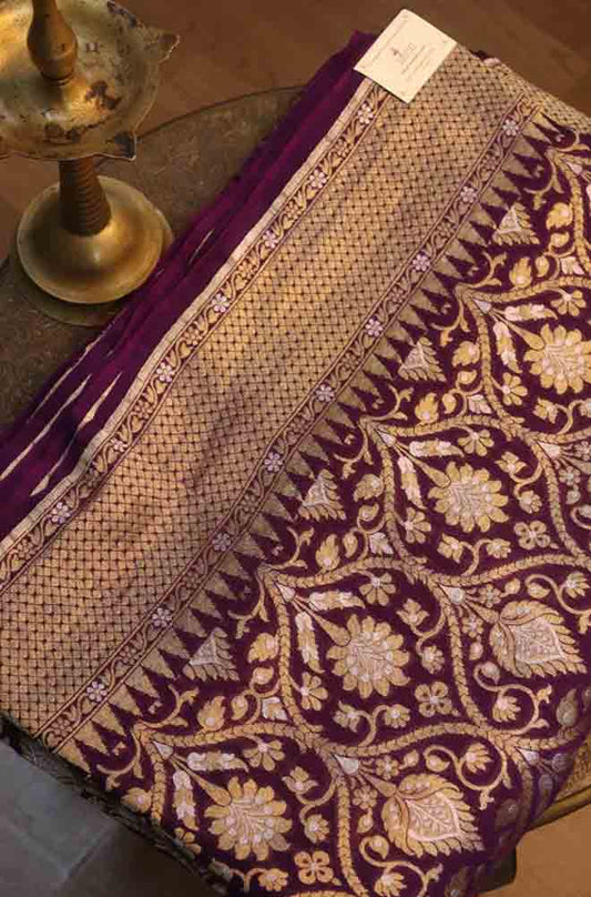 Purple Handloom Banarasi Pure Georgette Sona Roopa Saree - Luxurion World