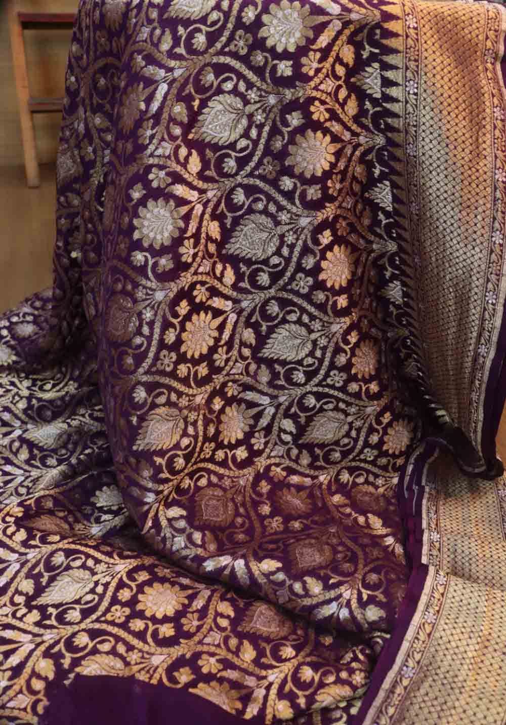 Purple Handloom Banarasi Pure Georgette Sona Roopa Saree