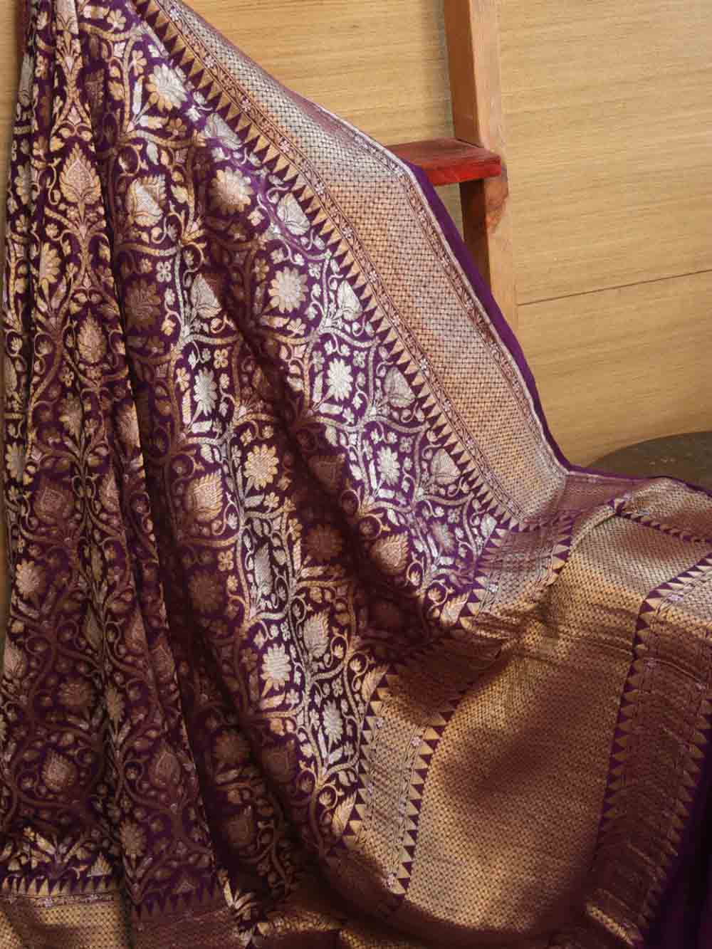 Purple Handloom Banarasi Pure Georgette Sona Roopa Saree - Luxurion World