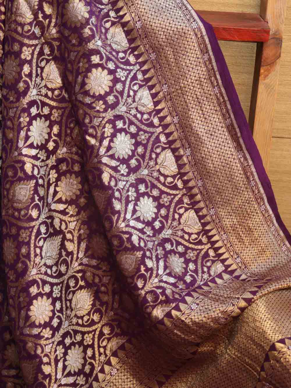Purple Handloom Banarasi Pure Georgette Sona Roopa Saree - Luxurion World