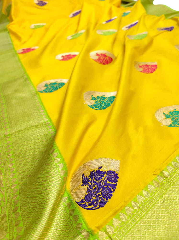 Yellow Handloom Banarasi Pure Katan Silk Saree - Luxurion World