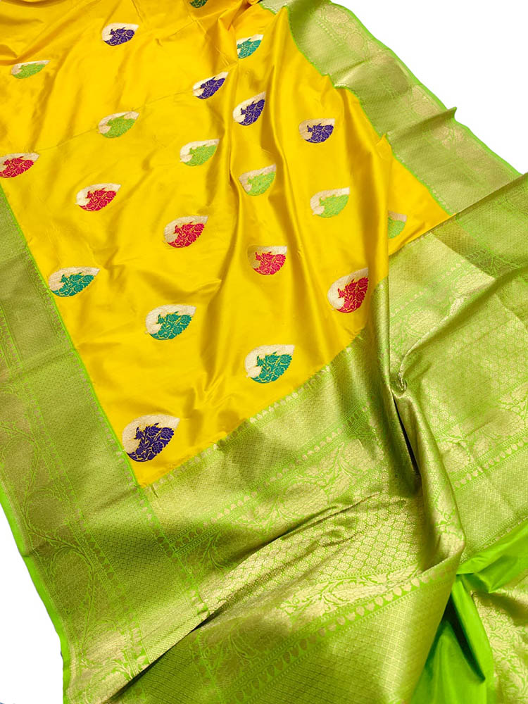 Yellow Handloom Banarasi Pure Katan Silk Saree - Luxurion World