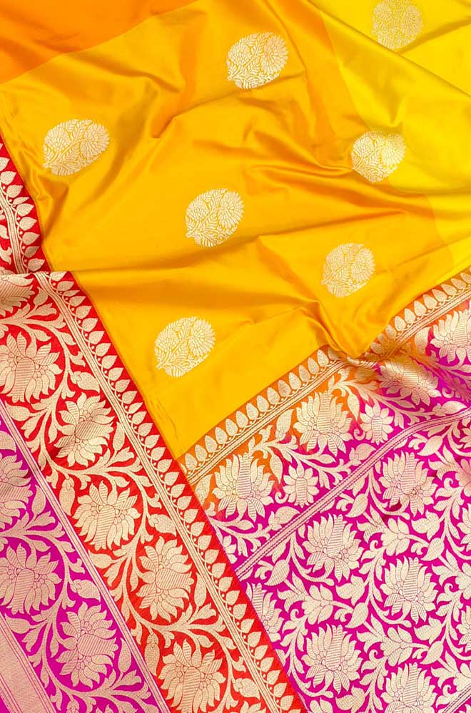Yellow Handloom Banarasi Pure Katan Silk Saree - Luxurion World