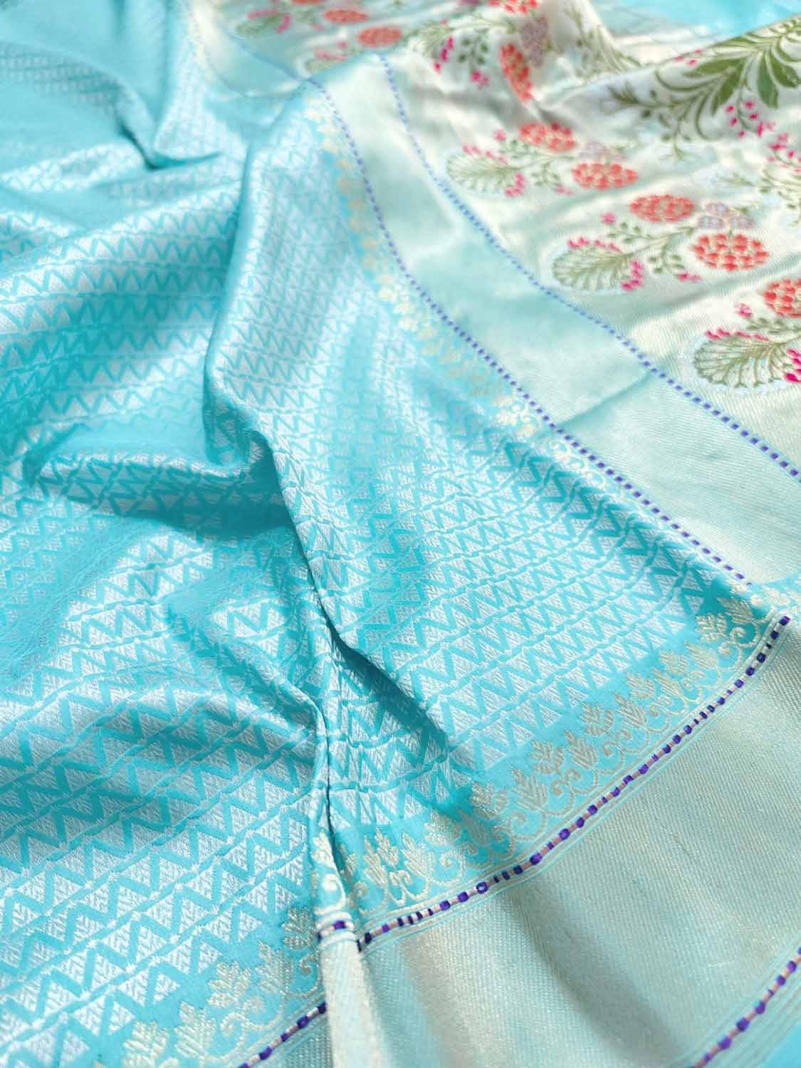 Blue Handloom Banarasi Pure Katan Silk Meenakari Saree - Luxurion World
