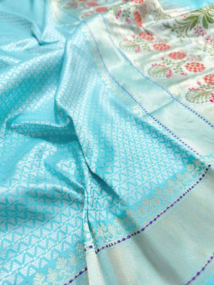 Blue Handloom Banarasi Pure Katan Silk Meenakari Saree - Luxurion World