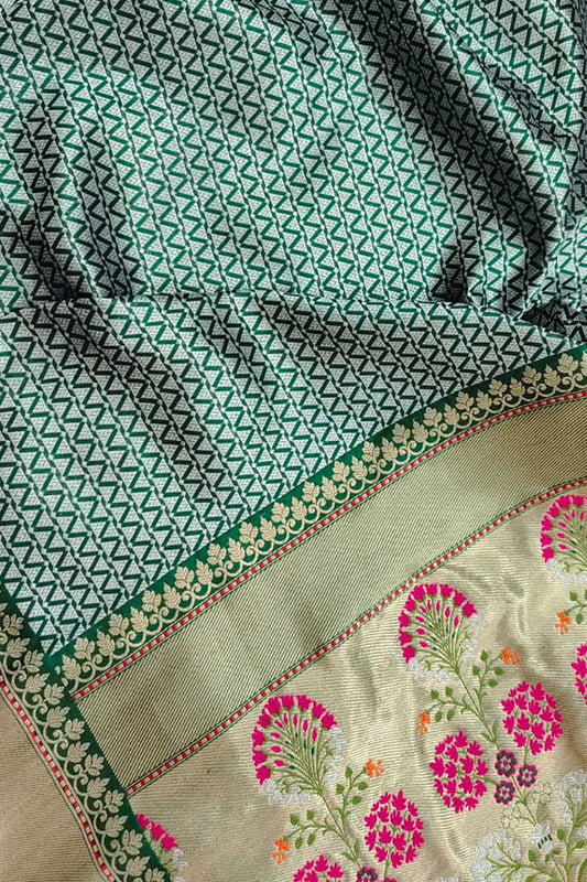 Green Handloom Banarasi Pure Katan Silk Meenakari Saree - Luxurion World