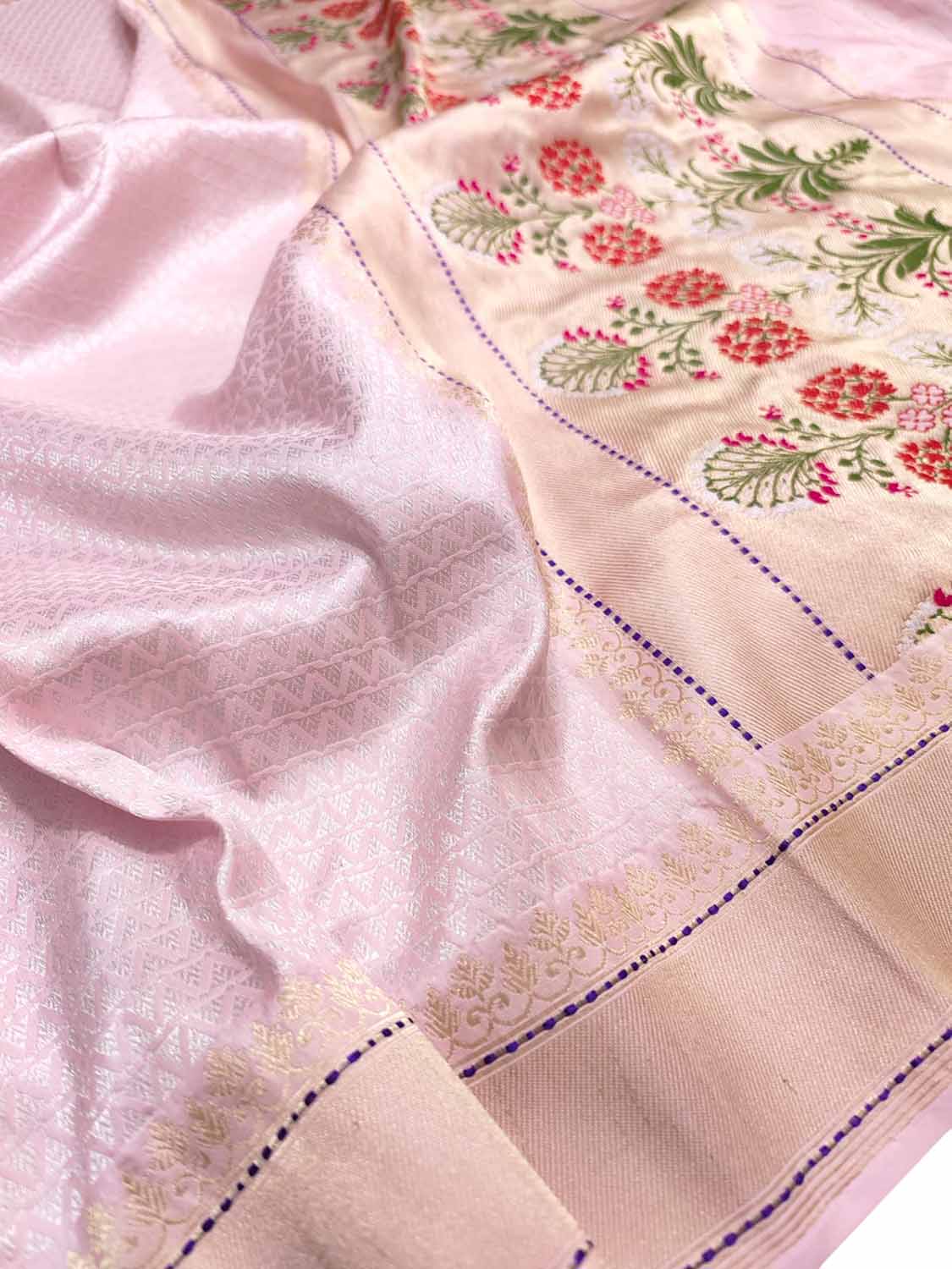 Pink Handloom Banarasi Pure Katan Silk Meenakari Saree - Luxurion World