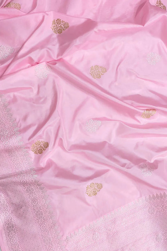 Pink Handloom Banarasi Pure Katan Silk Sona Roopa Saree - Luxurion World