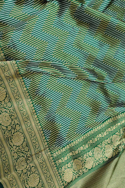 Green Handloom Banarasi Pure Katan Silk Zig Zag Design Saree