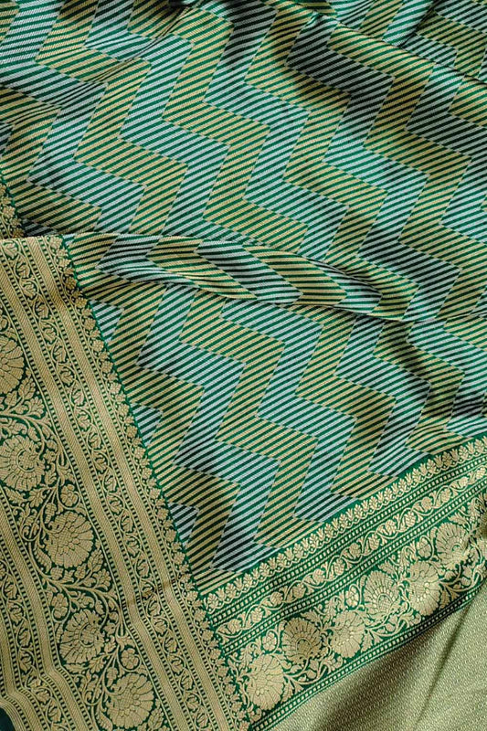Green Handloom Banarasi Pure Katan Silk Zig Zag Design Saree - Luxurion World