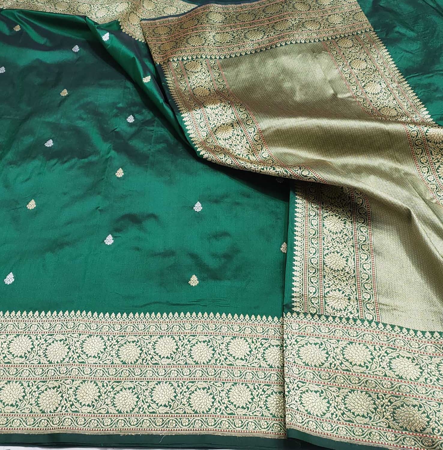 Green Handloom Banarasi Pure Katan Silk Saree - Luxurion World
