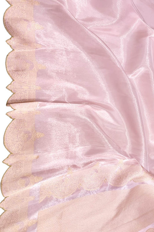 Pink Handloom Banarasi Pure Tissue Katan Silk Scalloped Border Saree - Luxurion World