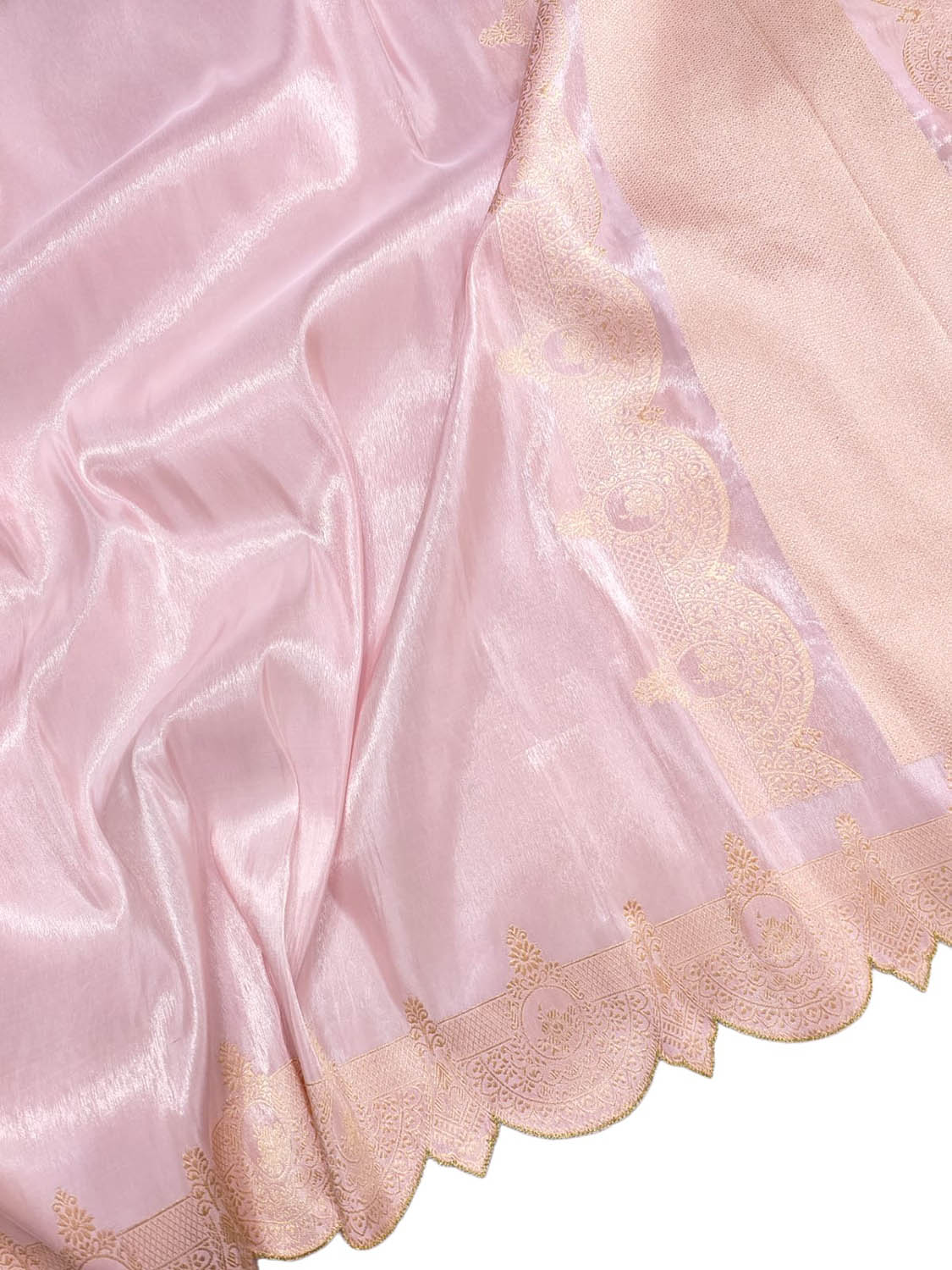 Pink Handloom Banarasi Pure Tissue Katan Silk Scalloped Border Saree